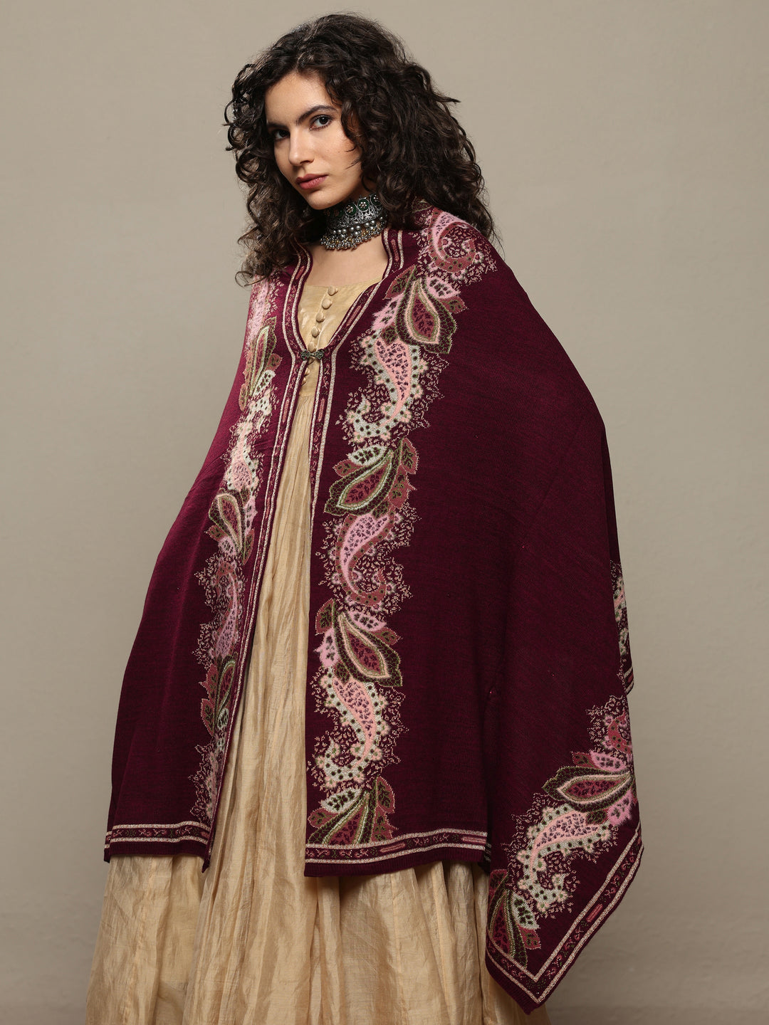 Maroon Woven Design Wool Women's Shawl
