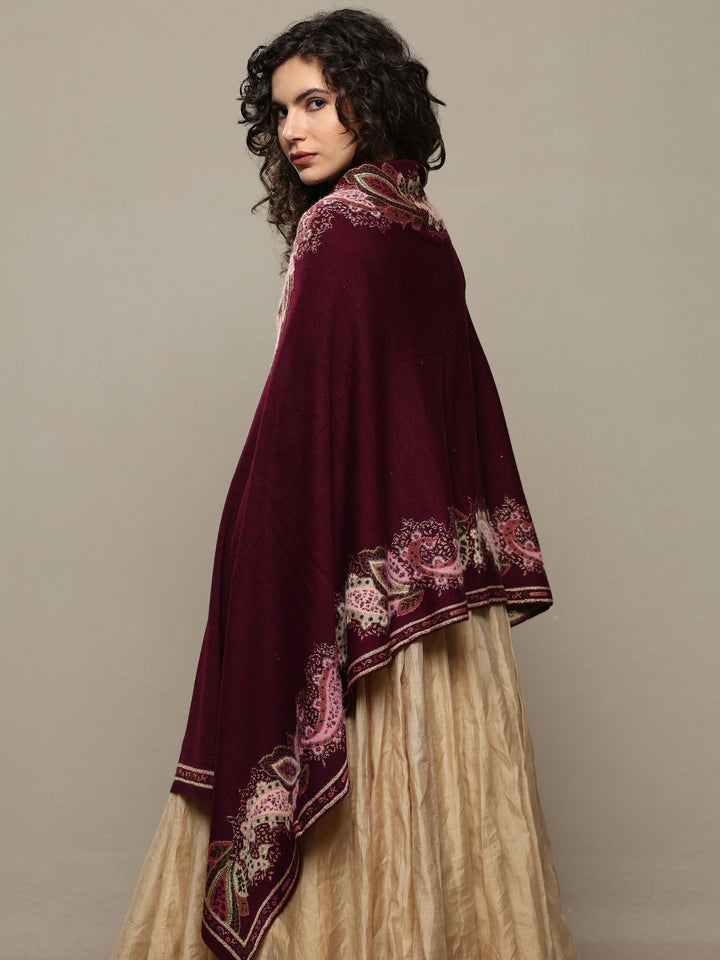 Maroon Woven Design Wool Women's Shawl
