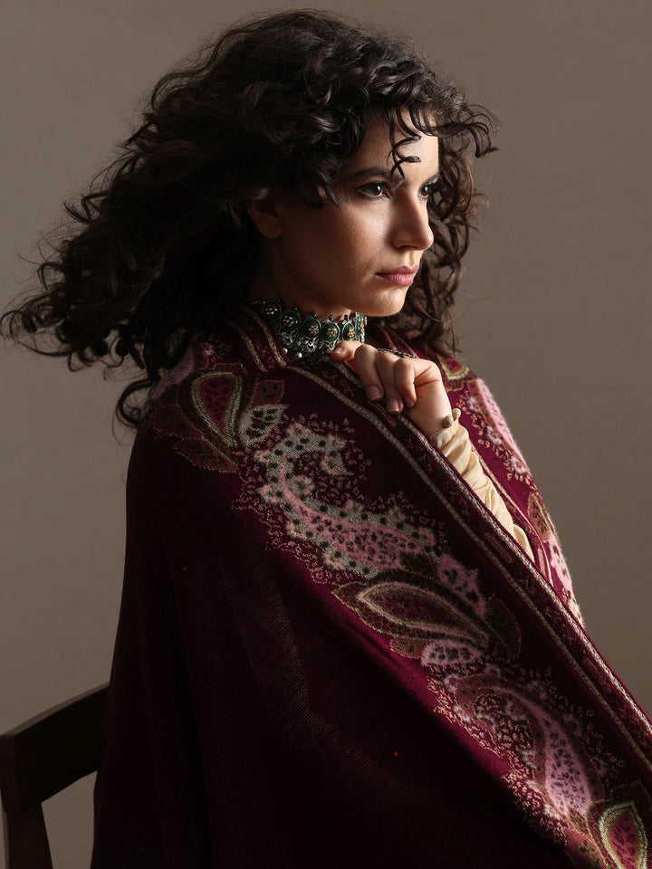 Maroon Woven Design Wool Women's Shawl