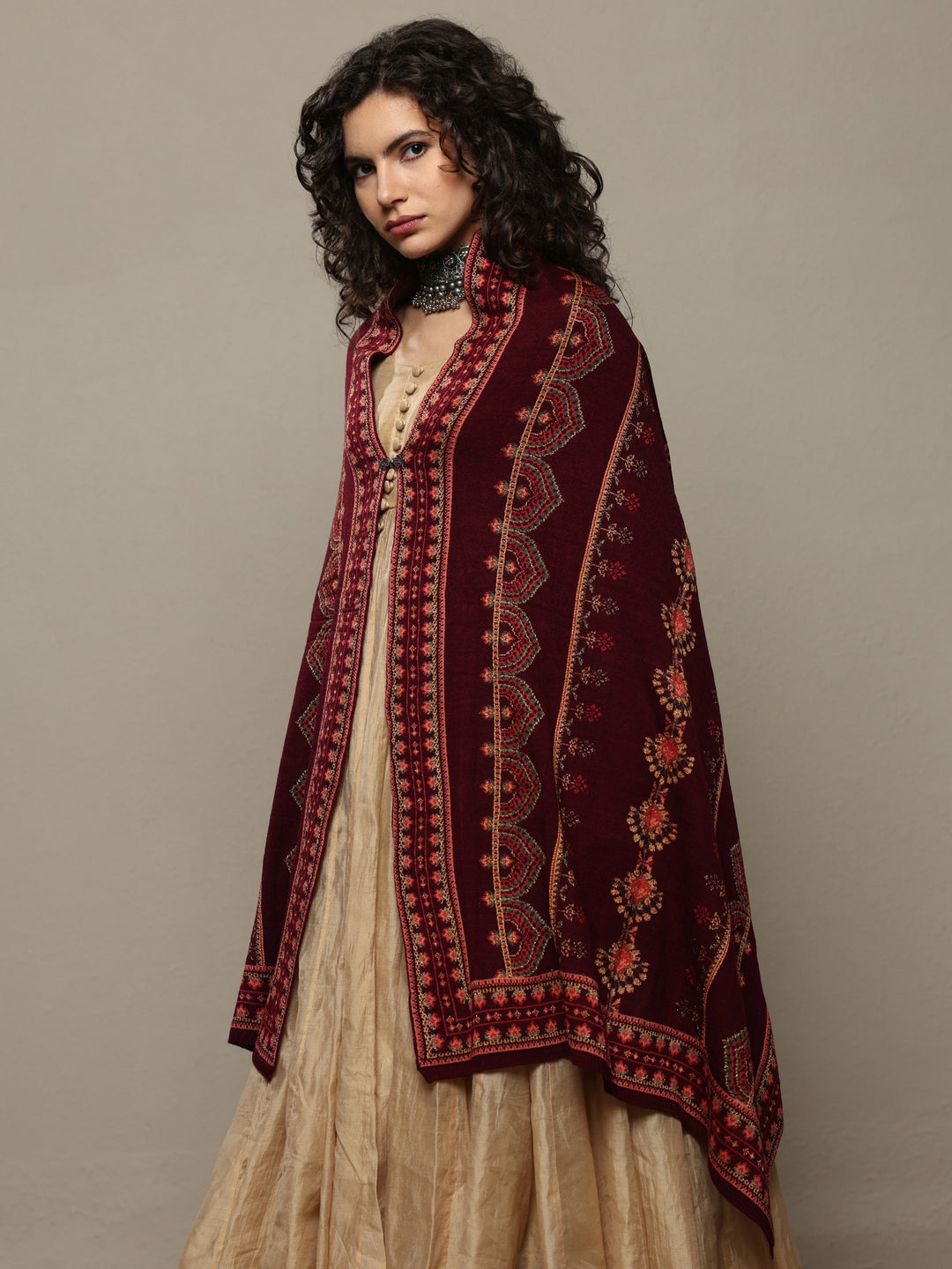 Maroon Woven Design Wool Women's Shawl