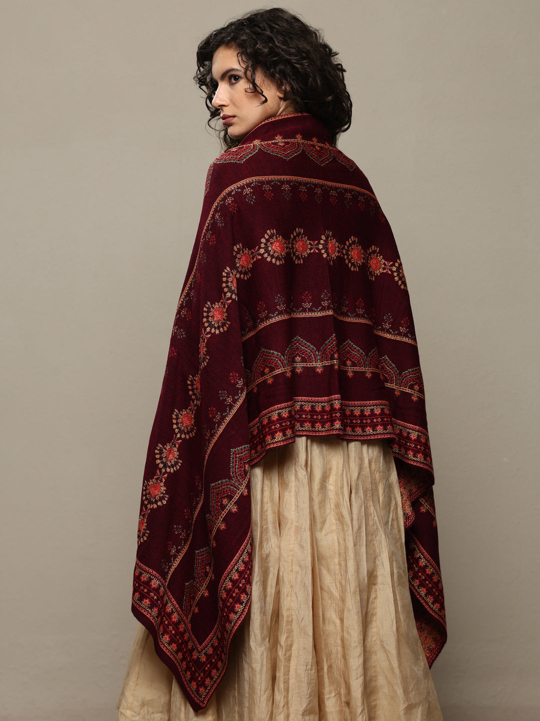 Maroon Woven Design Wool Women's Shawl