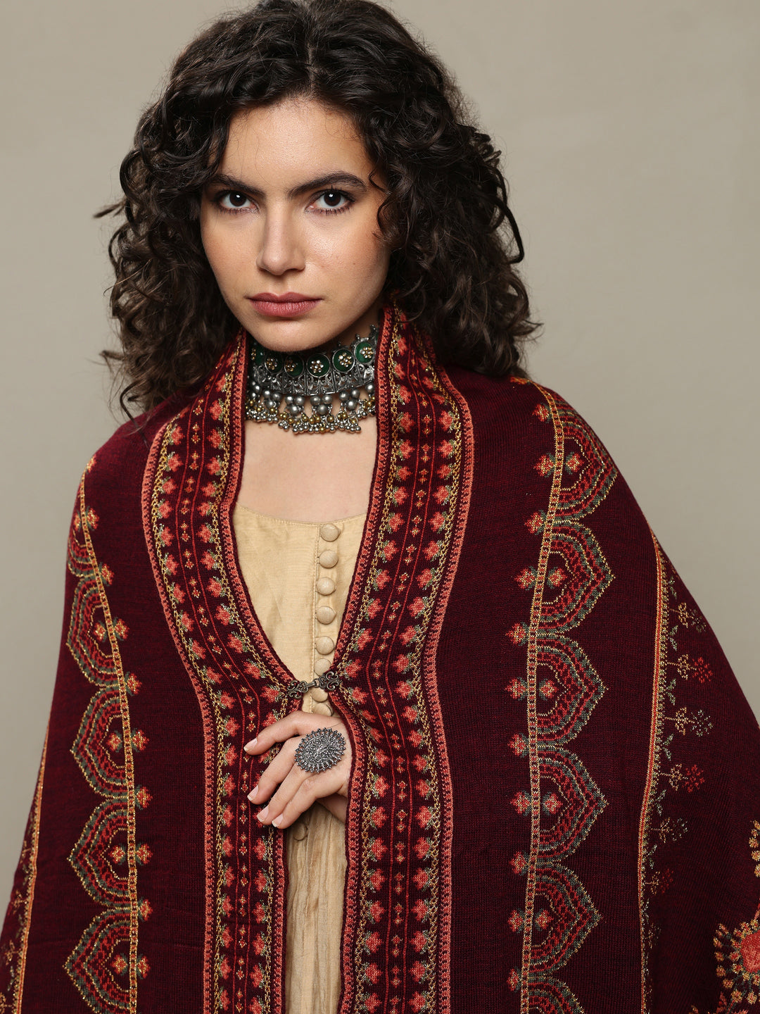Maroon Woven Design Wool Women's Shawl