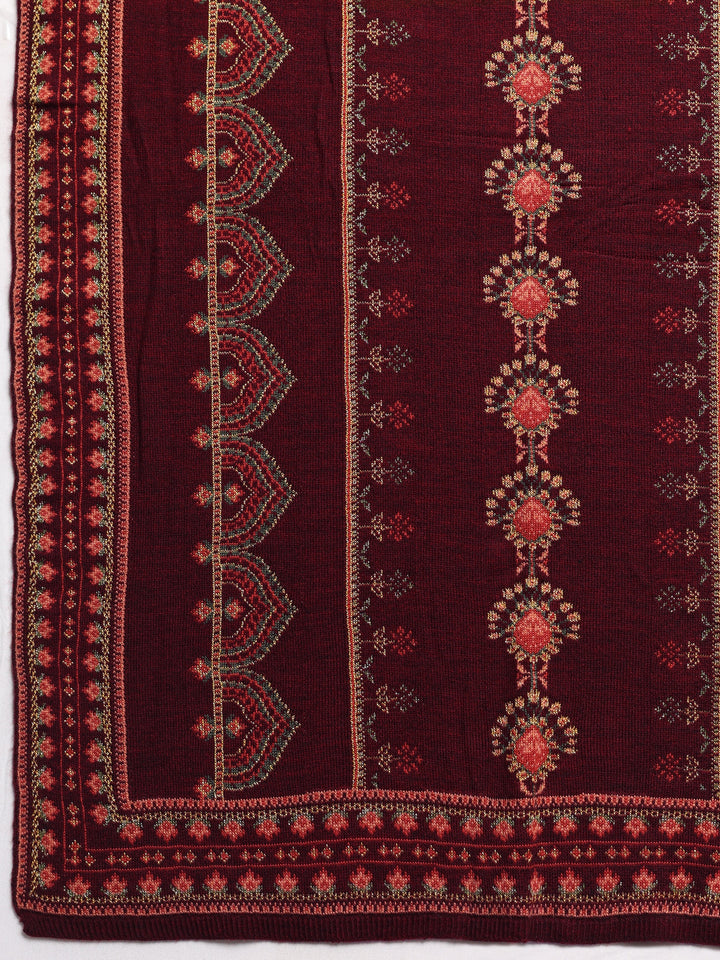 Maroon Woven Design Wool Women's Shawl