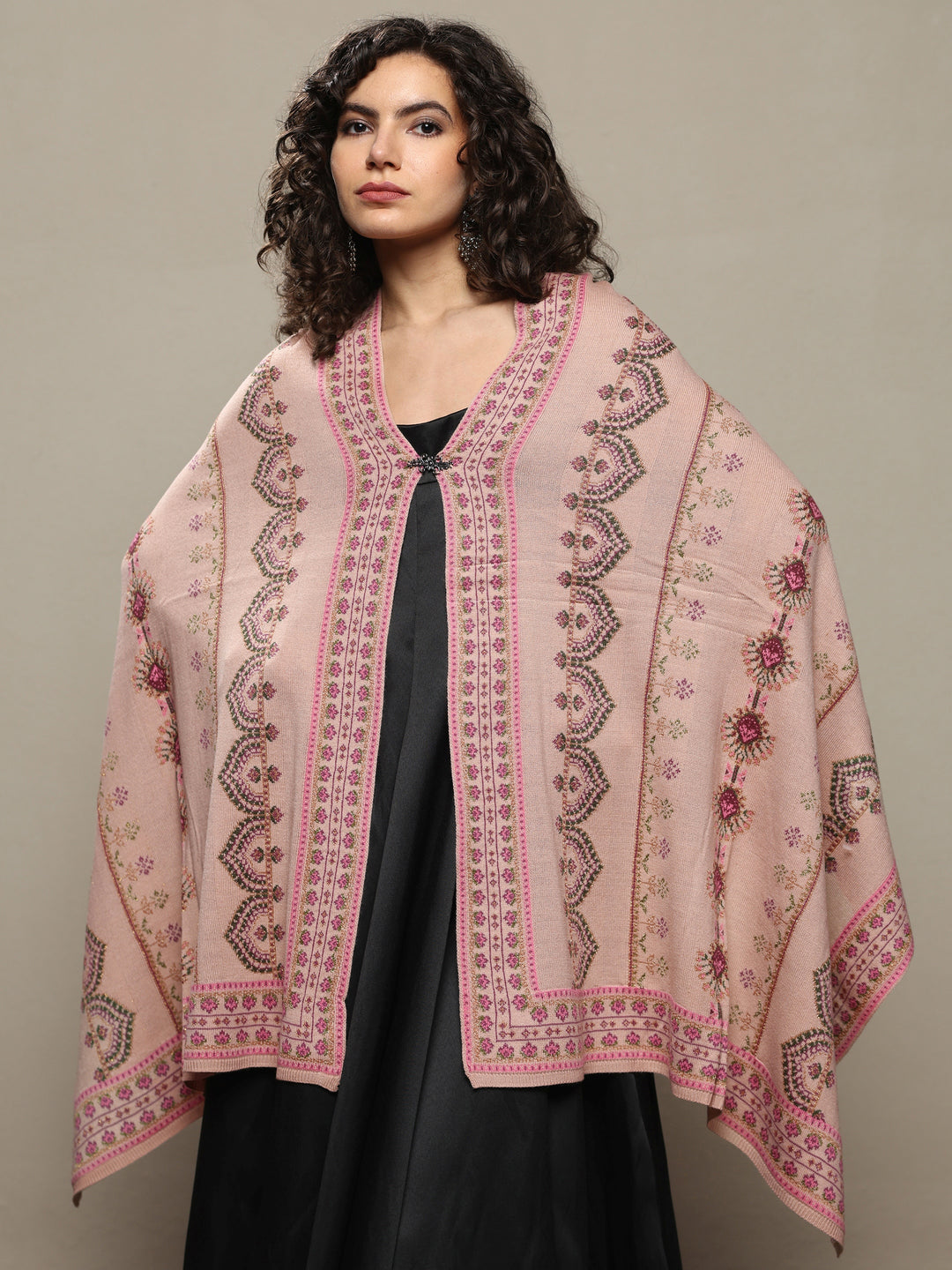 Beige Woven Design Wool Women's Shawl