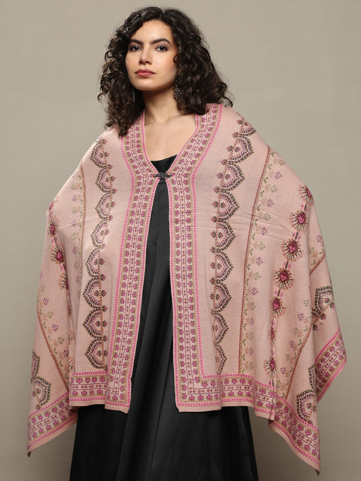 Beige Woven Design Wool Women's Shawl