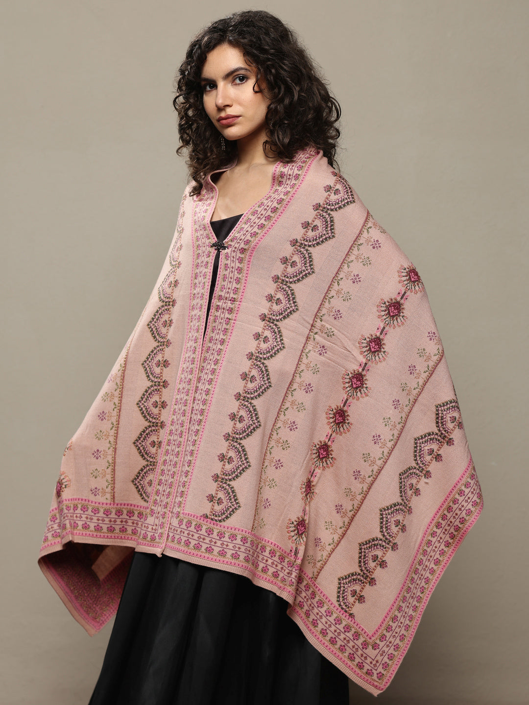 Beige Woven Design Wool Women's Shawl