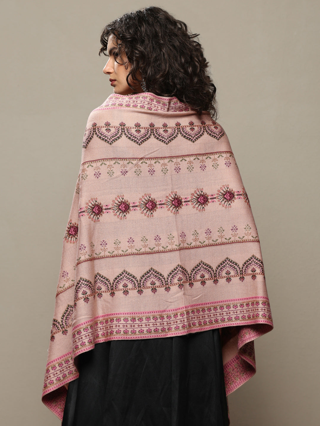 Beige Woven Design Wool Women's Shawl