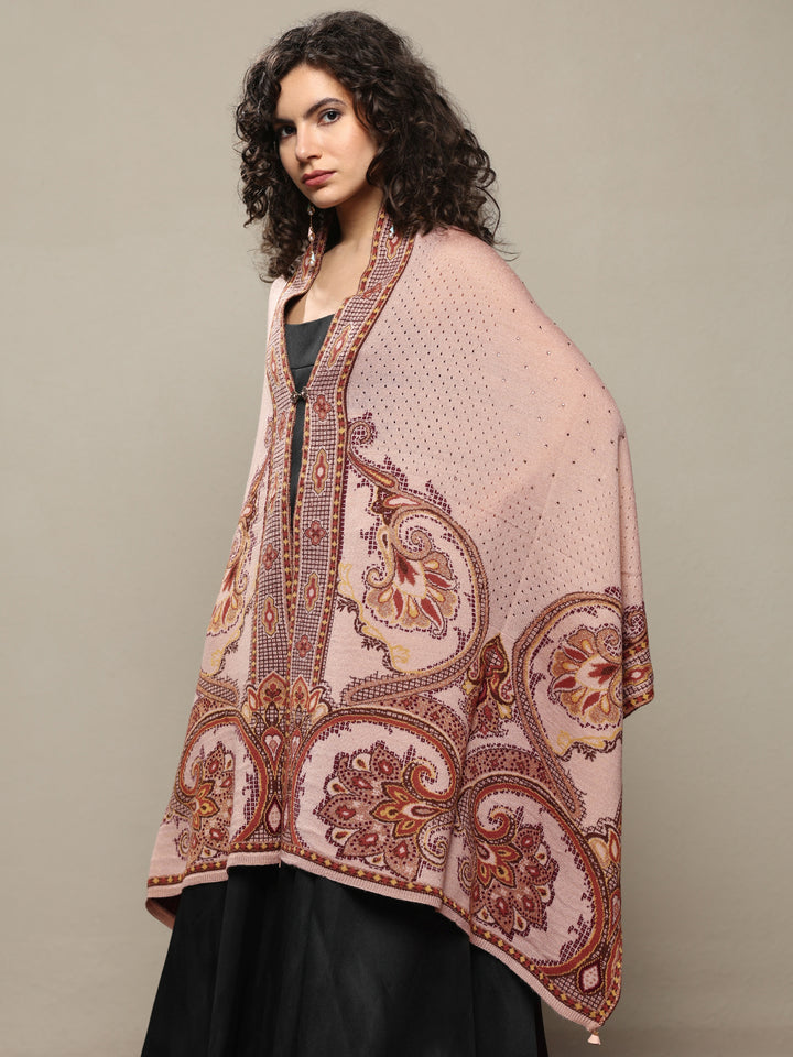 Beige Woven Design Wool Women's Shawl