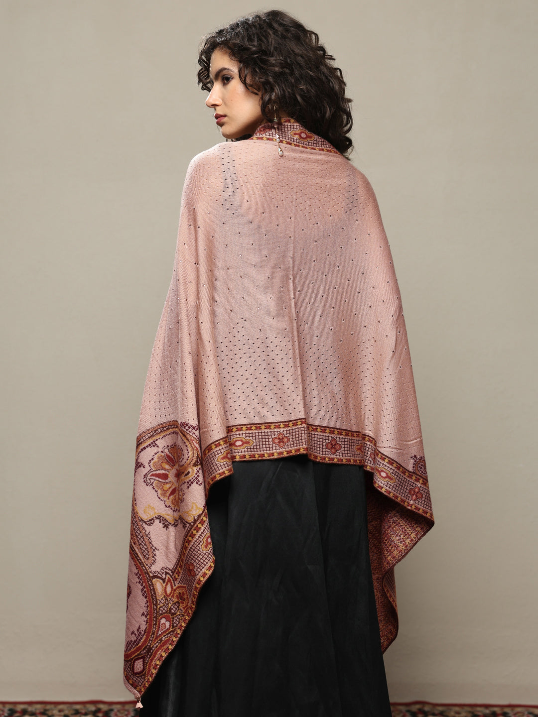 Beige Woven Design Wool Women's Shawl