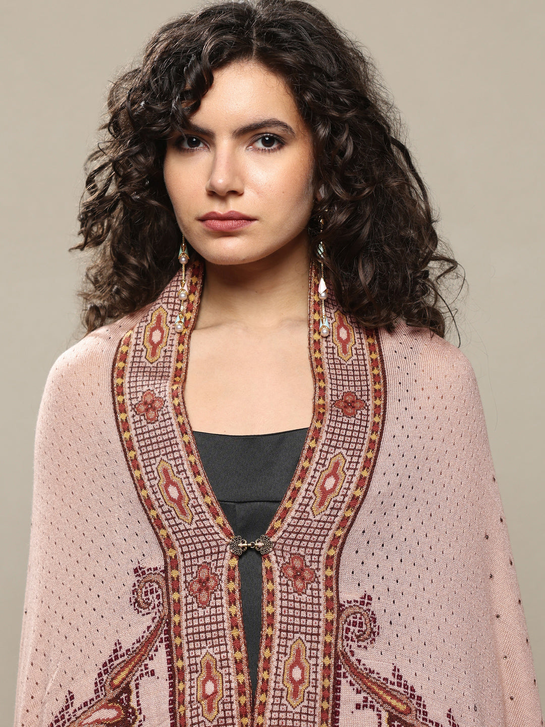 Beige Woven Design Wool Women's Shawl