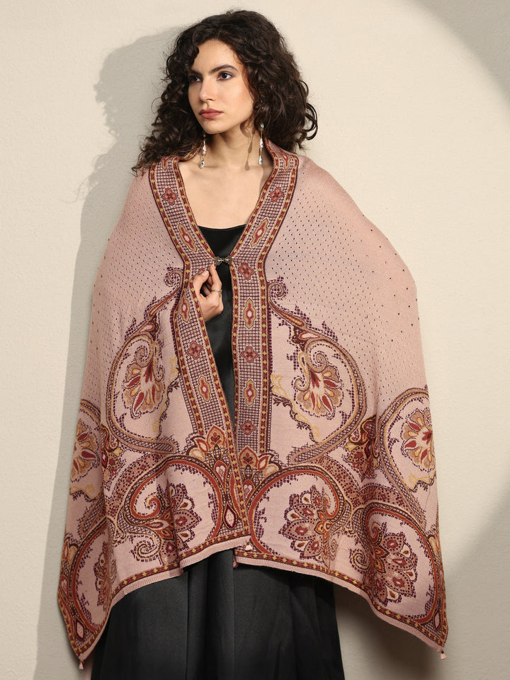 Beige Woven Design Wool Women's Shawl