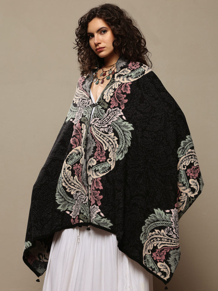 Black Woven Design Wool Women's Shawl