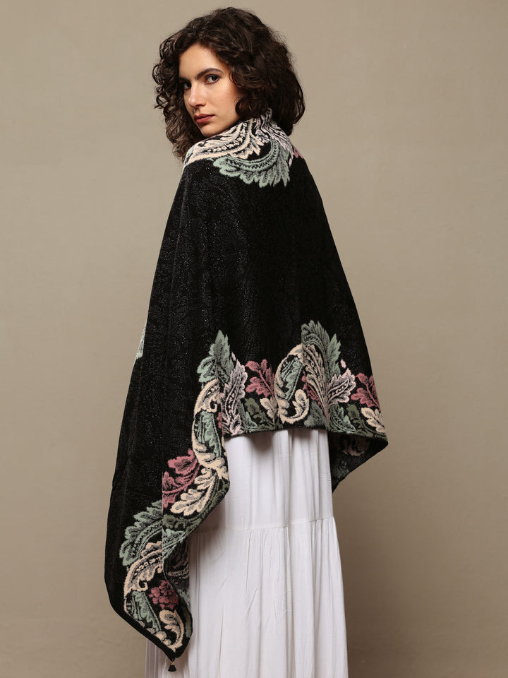 Black Woven Design Wool Women's Shawl