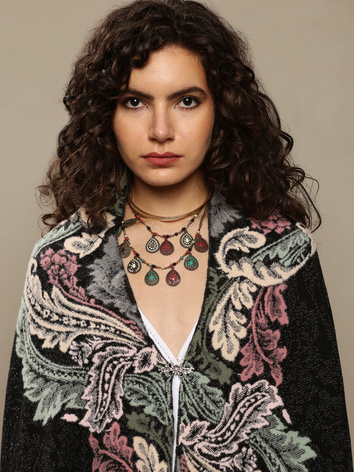 Black Woven Design Wool Women's Shawl