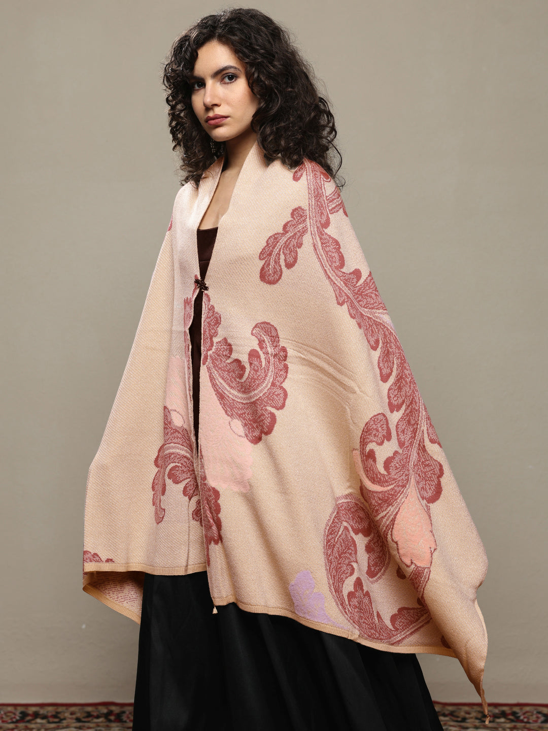 Beige Woven Design Wool Women's Shawl