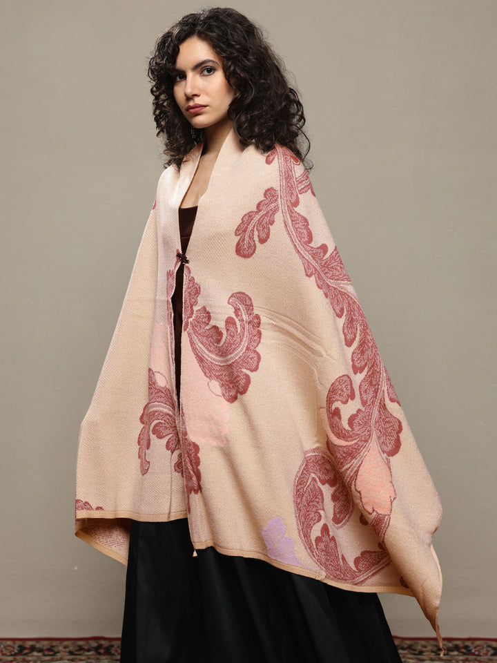 Beige Woven Design Wool Women's Shawl