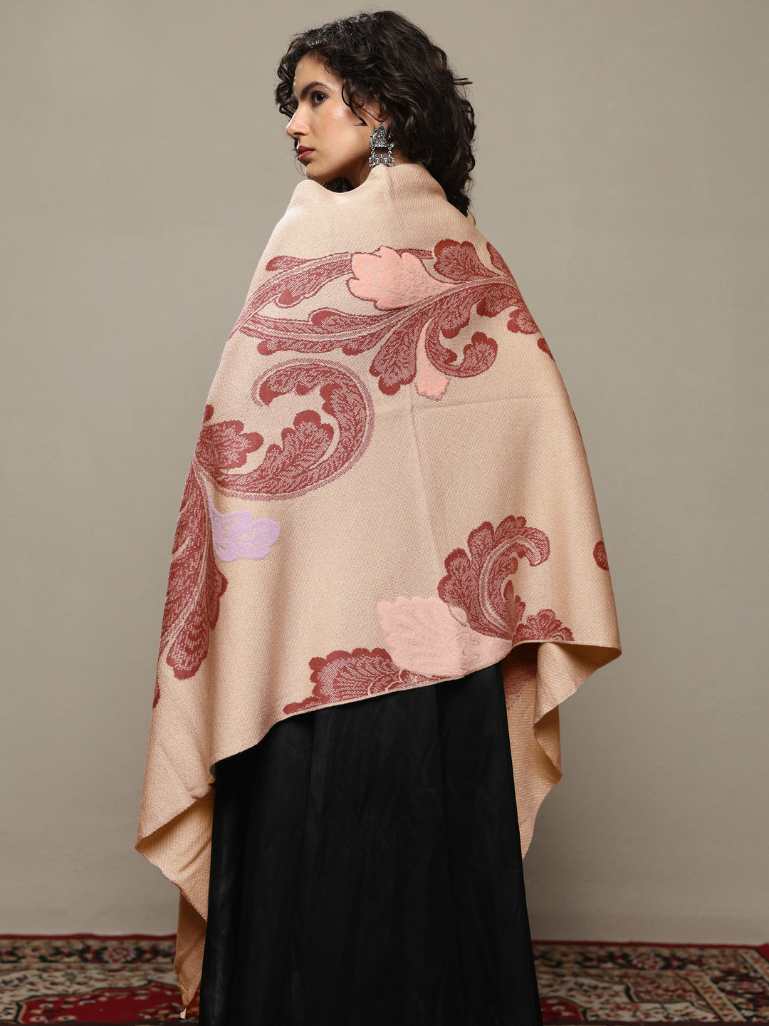 Beige Woven Design Wool Women's Shawl