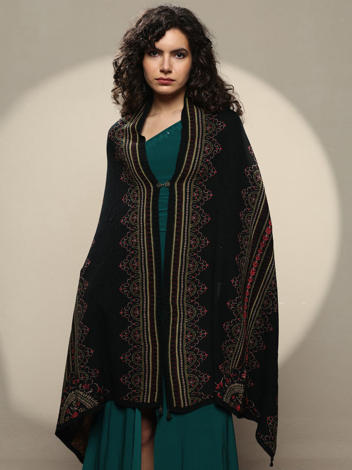 Black Woven Design Wool Women's Shawl