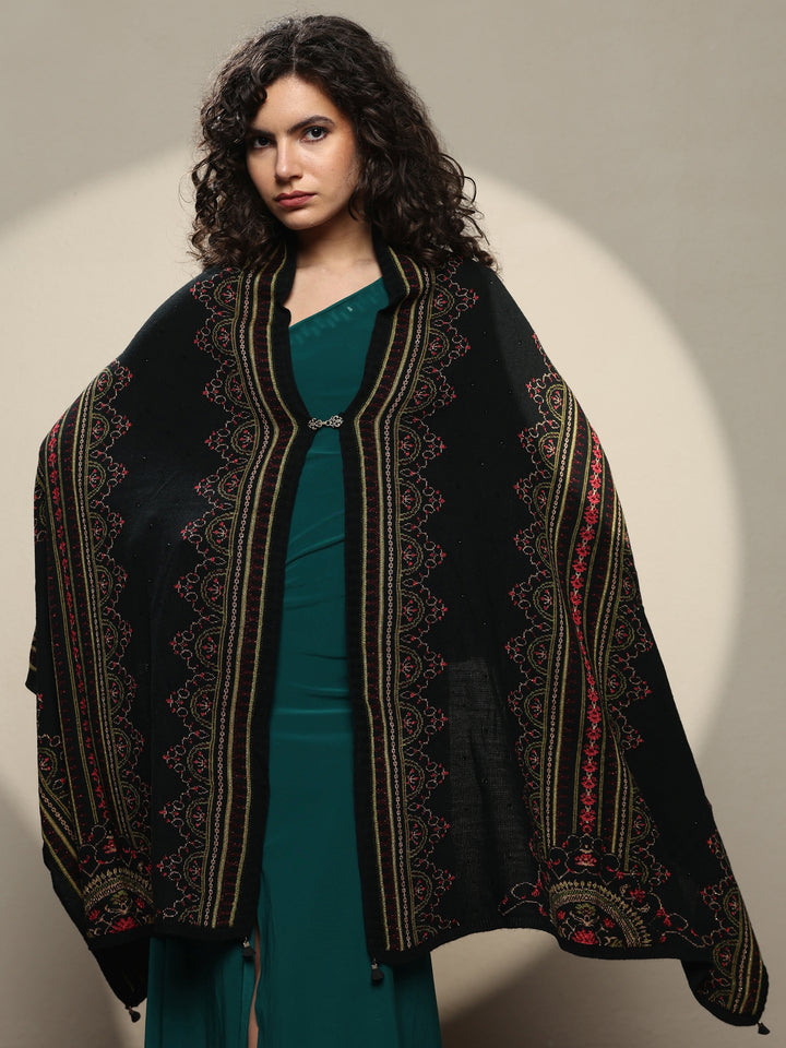 Black Woven Design Wool Women's Shawl