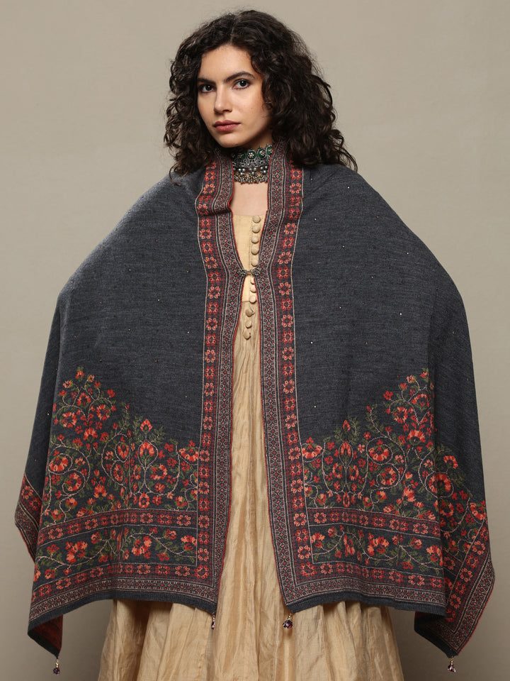 Grey Woven Design Wool Women's Shawl
