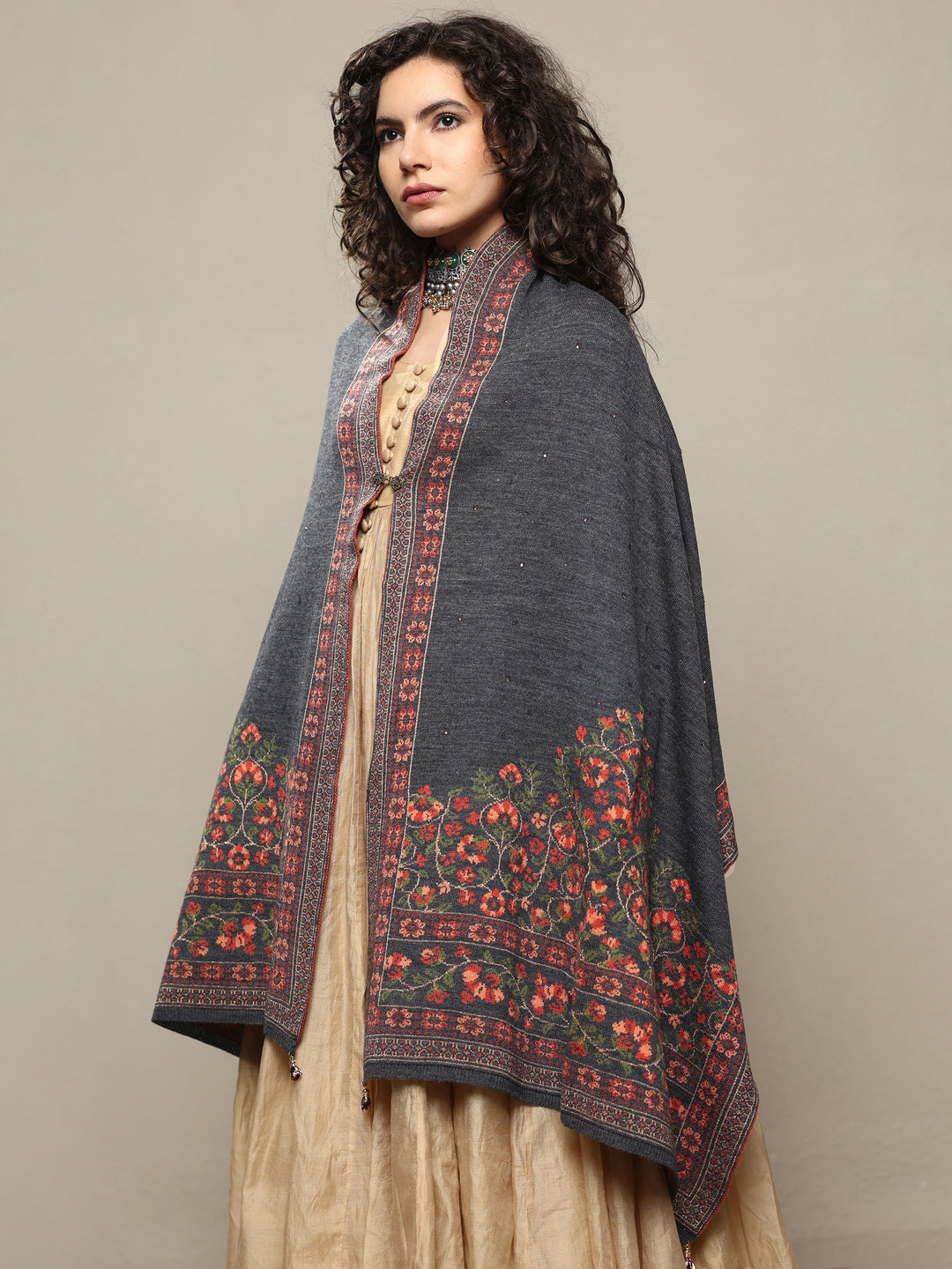 Grey Woven Design Wool Women's Shawl