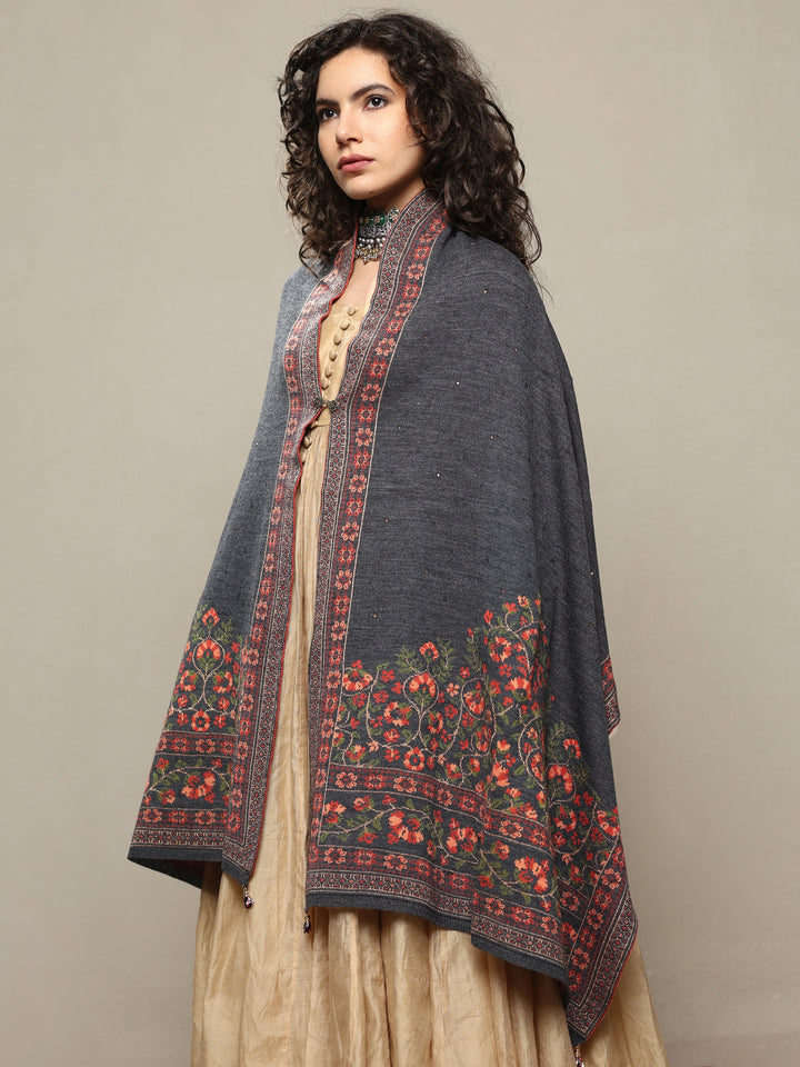 Grey Woven Design Wool Women's Shawl