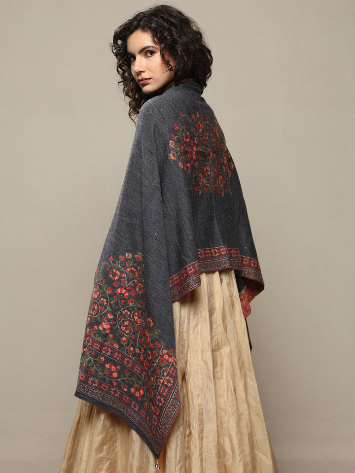 Grey Woven Design Wool Women's Shawl