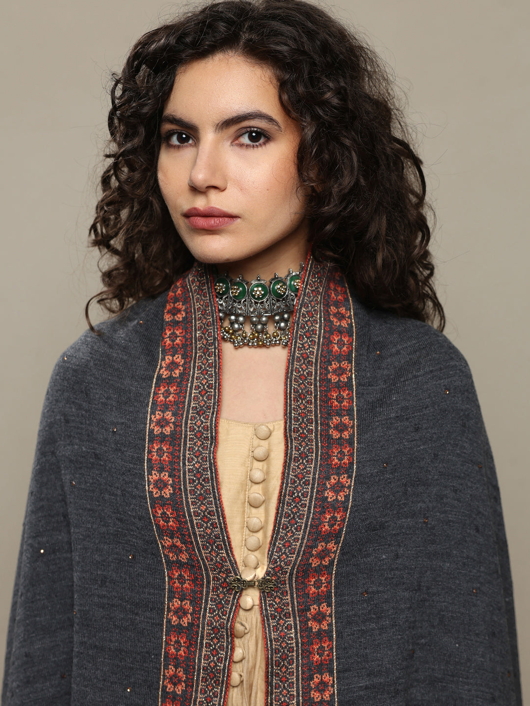 Grey Woven Design Wool Women's Shawl