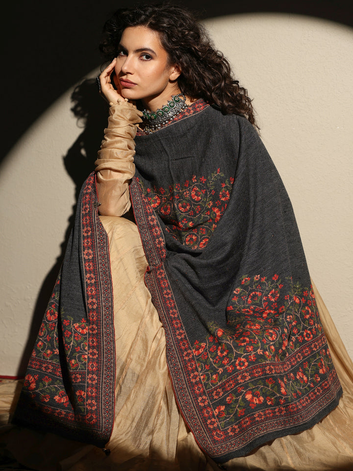 Grey Woven Design Wool Women's Shawl