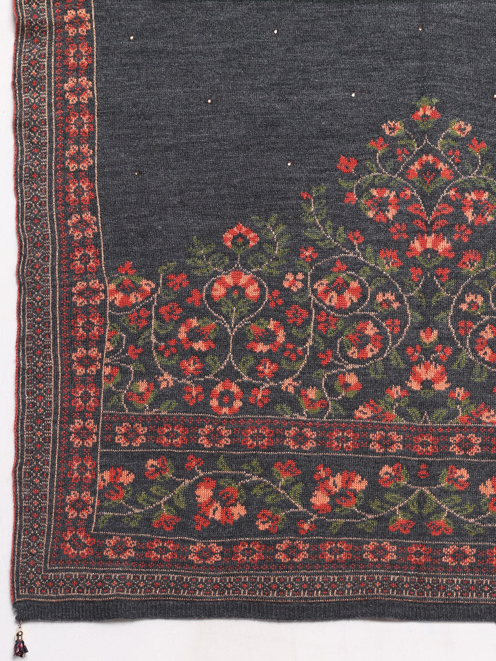 Grey Woven Design Wool Women's Shawl