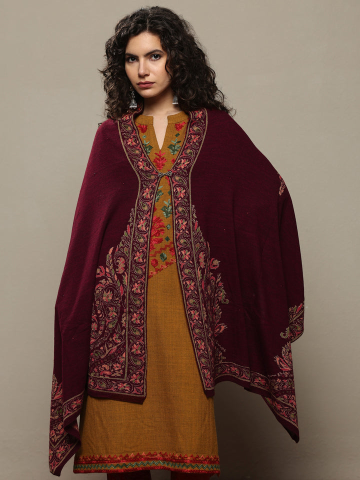 Maroon Woven Design Wool Women's Shawl