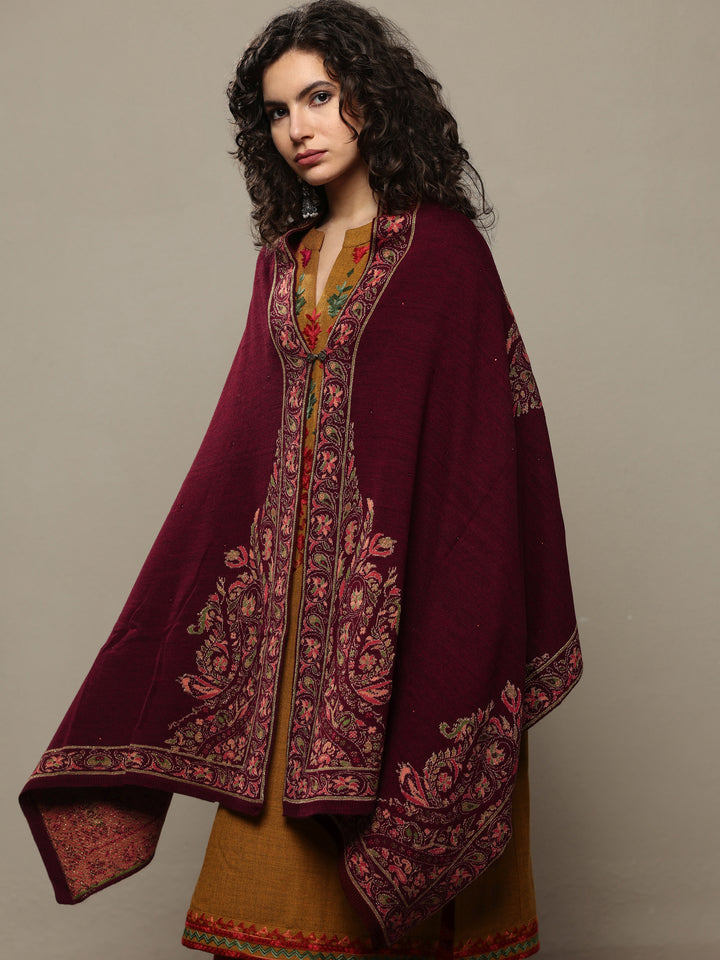 Maroon Woven Design Wool Women's Shawl