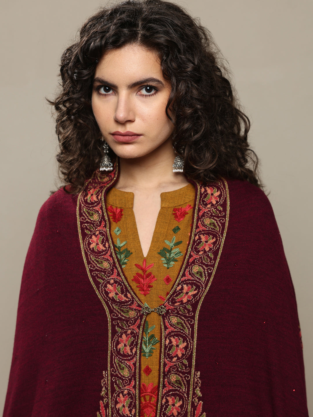 Maroon Woven Design Wool Women's Shawl