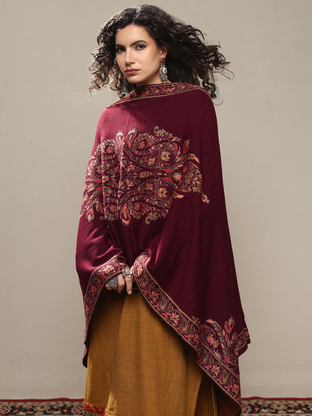 Maroon Woven Design Wool Women's Shawl