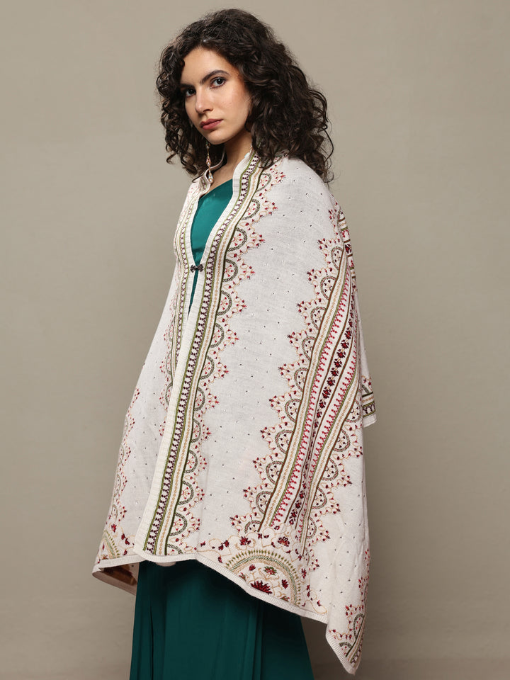 White Woven Design Wool Women's Shawl
