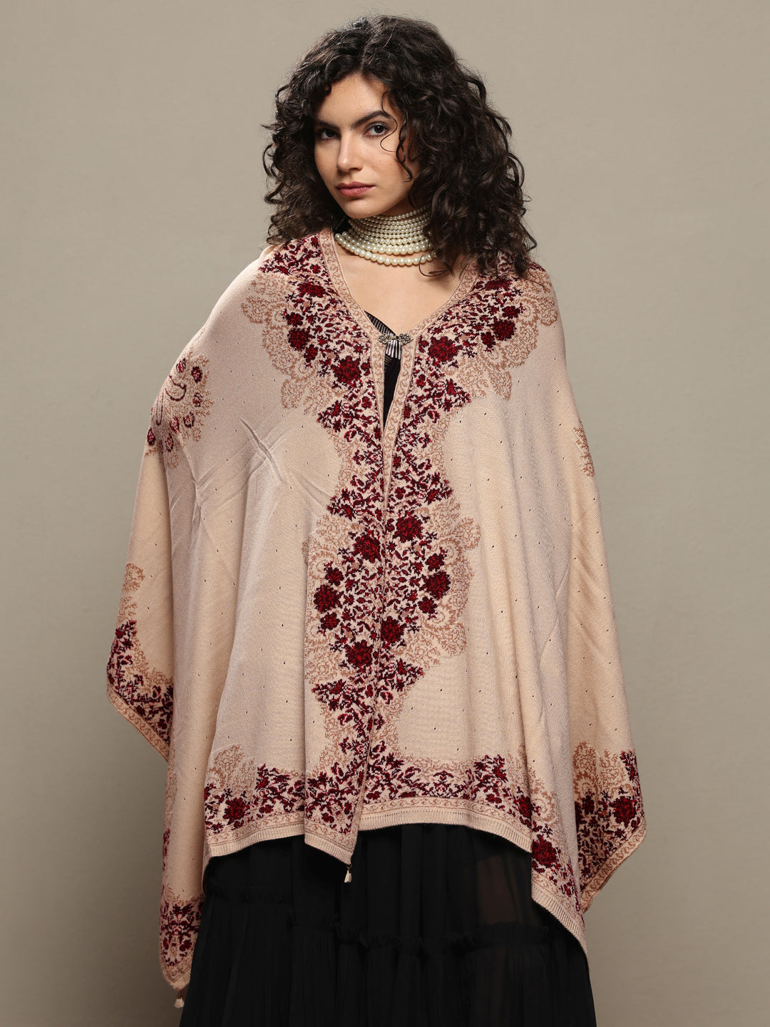Cream Woven Design Wool Women's Shawl