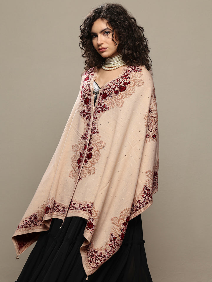 Cream Woven Design Wool Women's Shawl