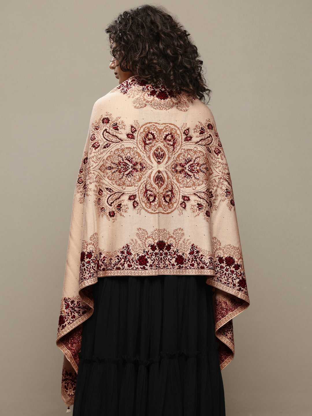 Cream Woven Design Wool Women's Shawl