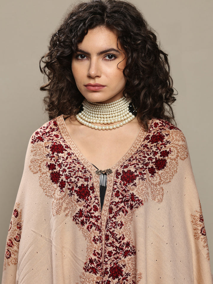 Cream Woven Design Wool Women's Shawl