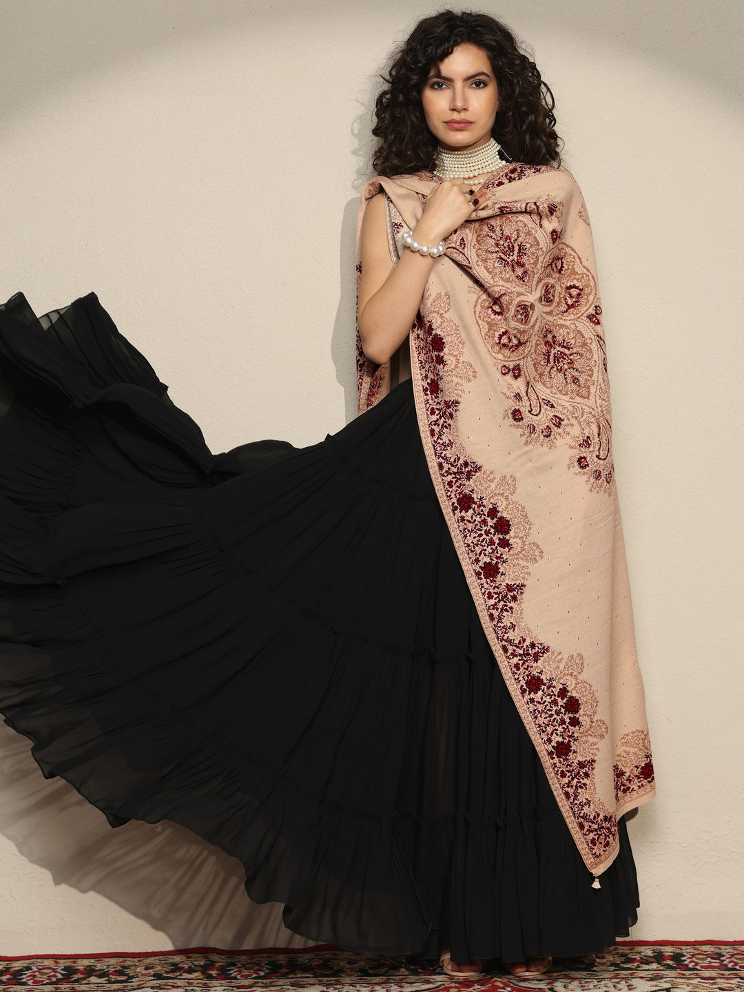 Cream Woven Design Wool Women's Shawl