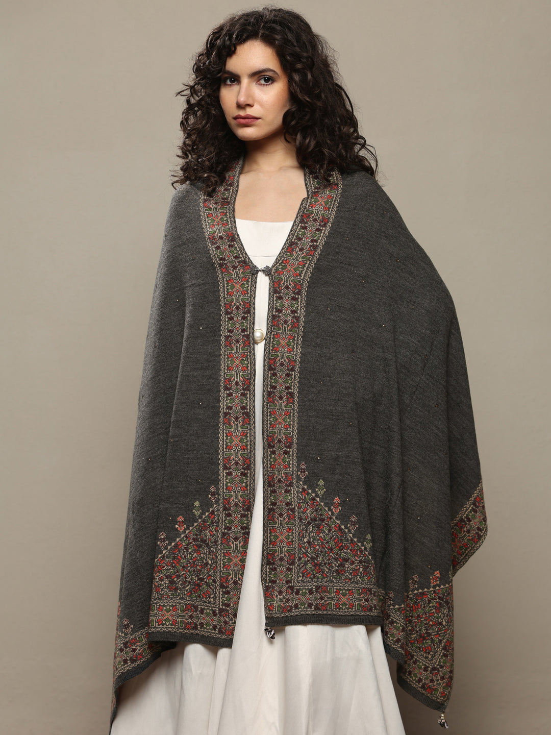 Grey Woven Design Wool Women's Shawl