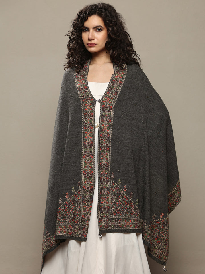 Grey Woven Design Wool Women's Shawl