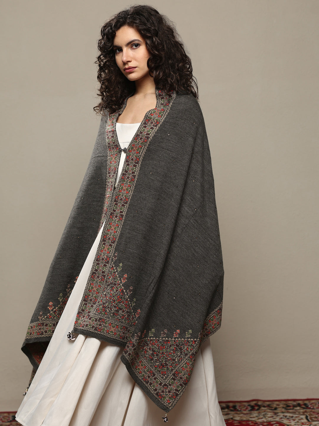 Grey Woven Design Wool Women's Shawl