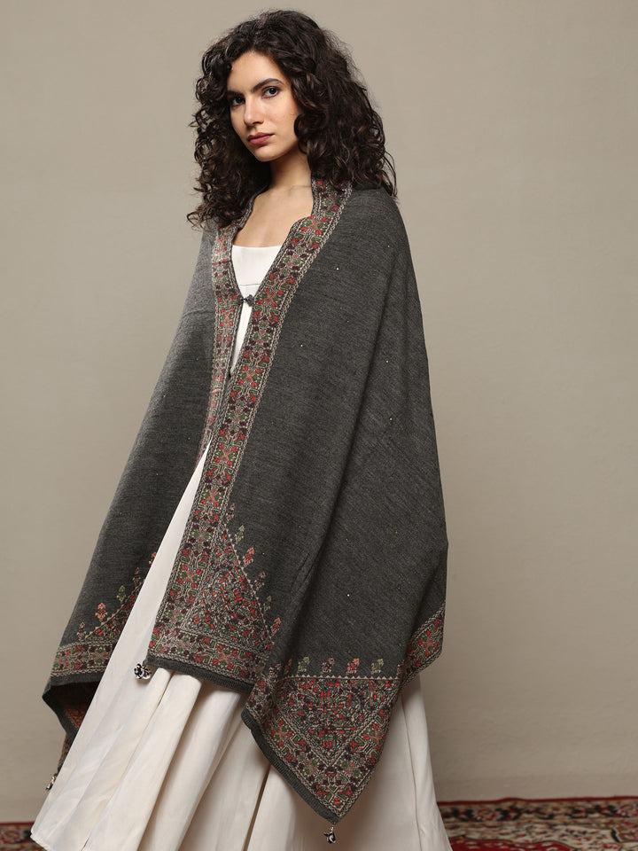 Grey Woven Design Wool Women's Shawl