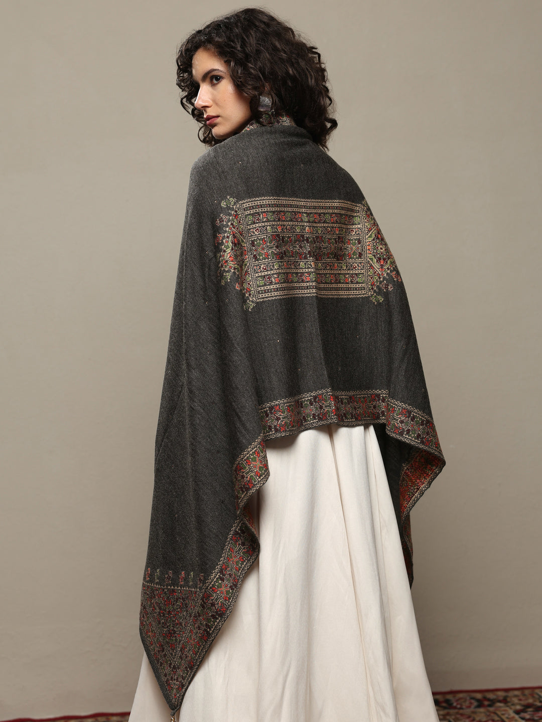 Grey Woven Design Wool Women's Shawl
