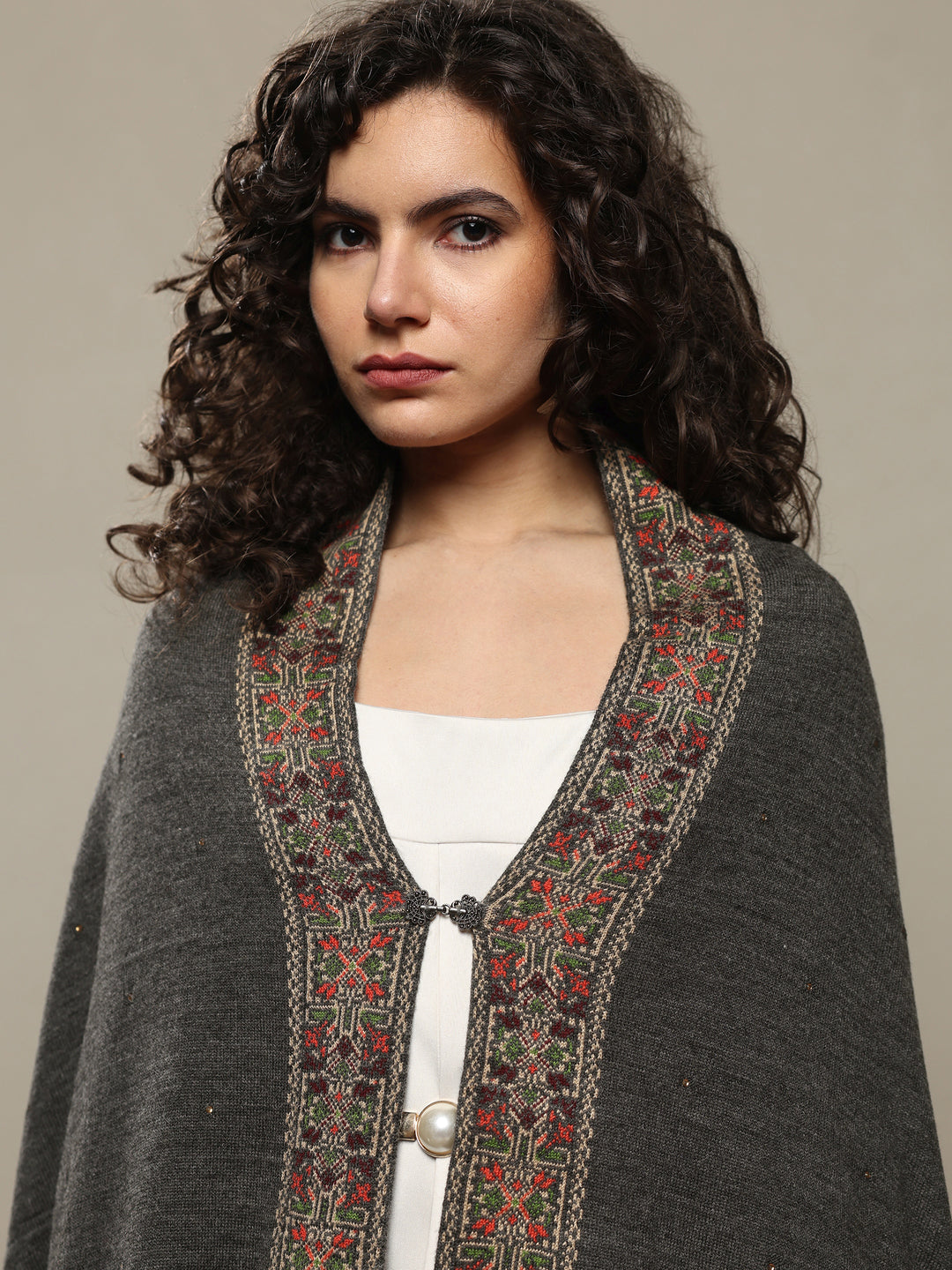 Grey Woven Design Wool Women's Shawl
