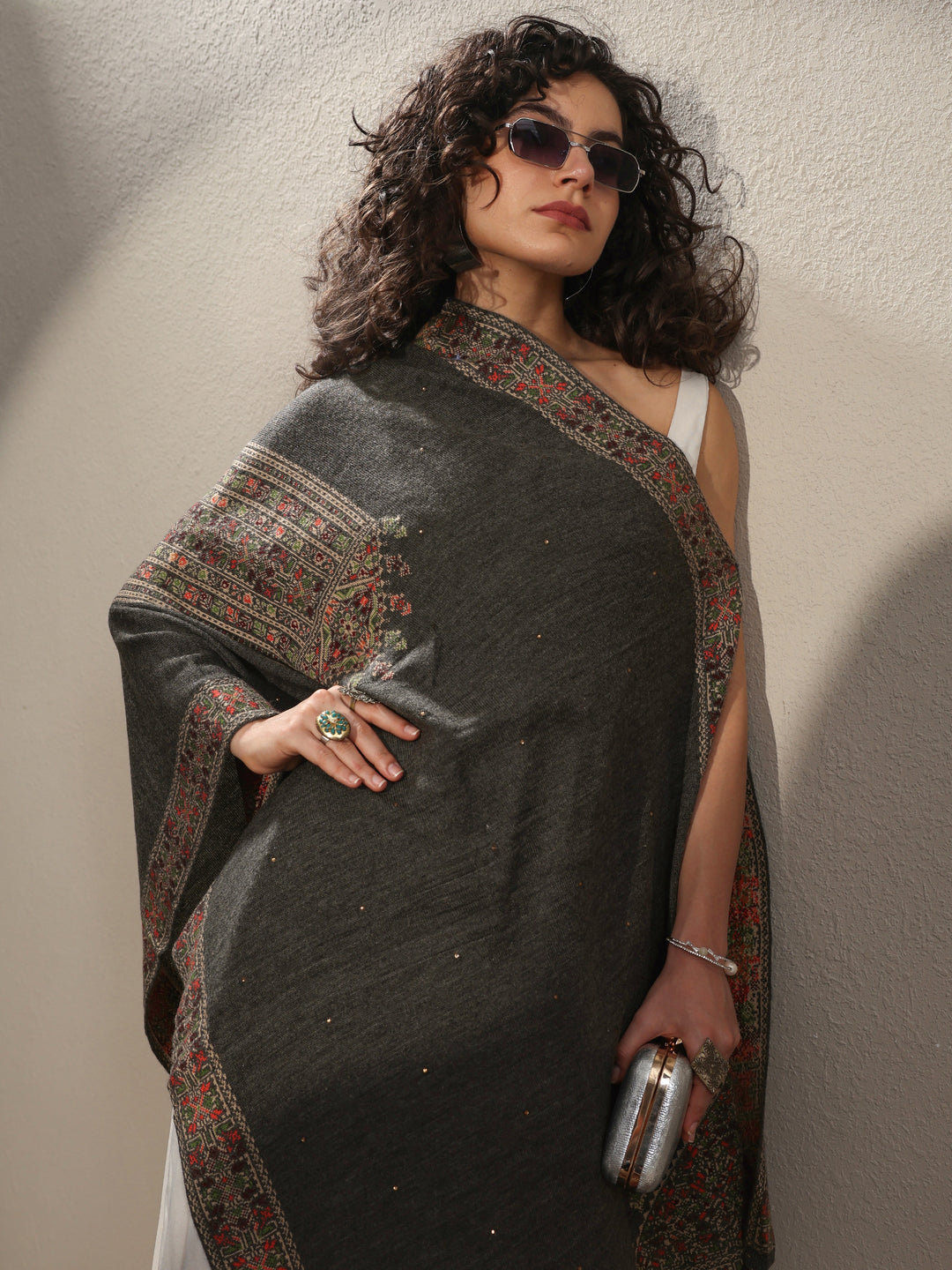 Grey Woven Design Wool Women's Shawl