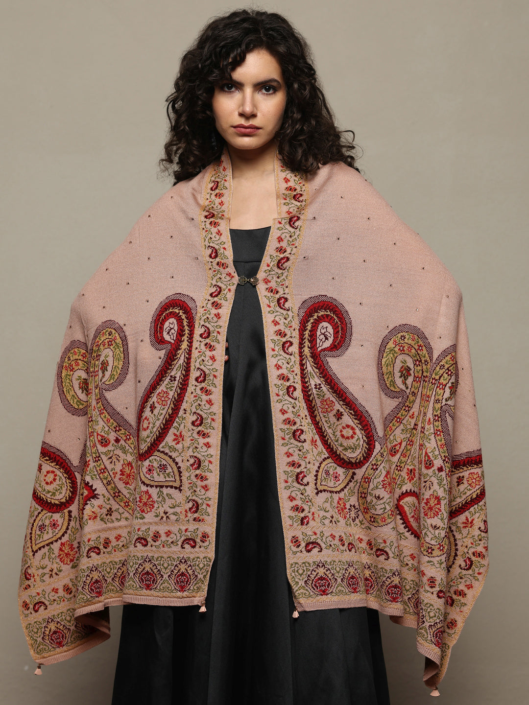 Beige Woven Design Wool Wrap Shawl