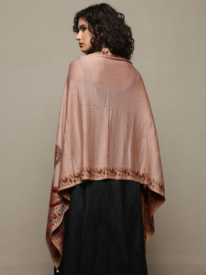 Beige Woven Design Wool Wrap Shawl