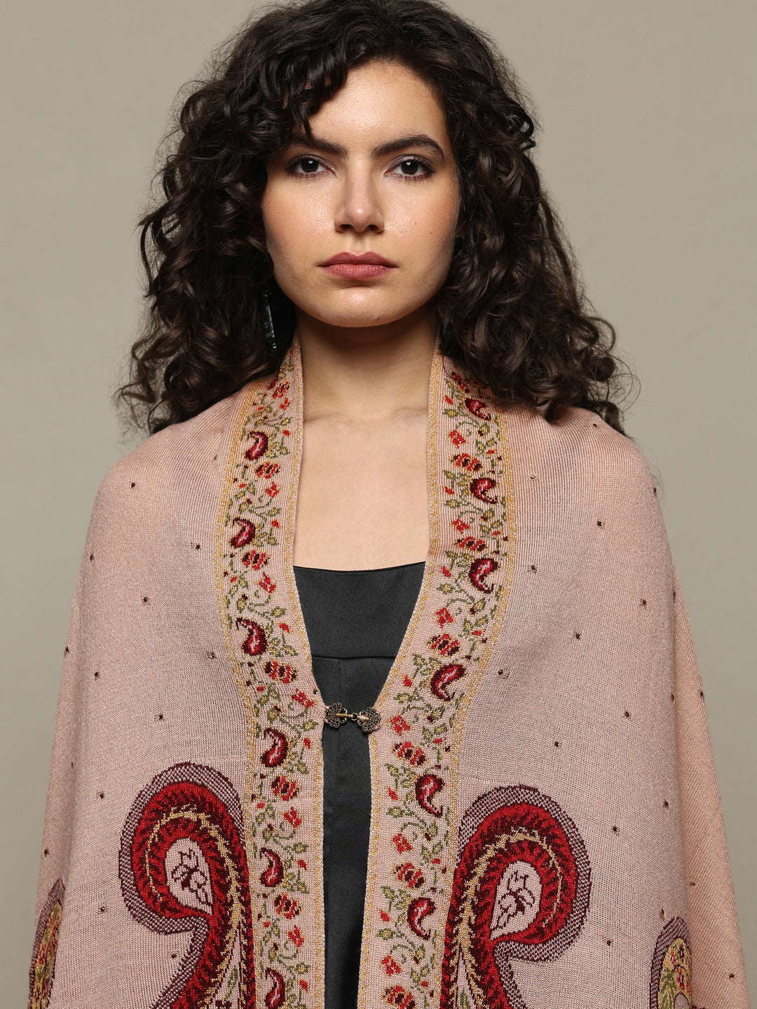Beige Woven Design Wool Wrap Shawl